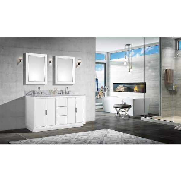 Austen 61 in. W x 22 in. D Bath Vanity in White/Silver Trim with Marble Vanity Top in Carrara White with White Basins