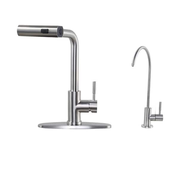IVIGA 13.5 in. H Single Handle Pull Out Sprayer Kitchen Faucet w/ 360° Spout Swivel and Water Filter Faucet in Brushed Nickel