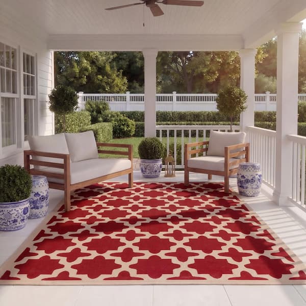 Courtyard Red/Bone 8 ft. x 11 ft. Geometric Indoor/Outdoor Patio  Area Rug