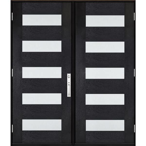 Regency 72 in. x 80 in. 5L Modern Clear Glass RHOS Onyx Stain Fiberglass Double Prehung Front Door w/8011 NKL Lockset