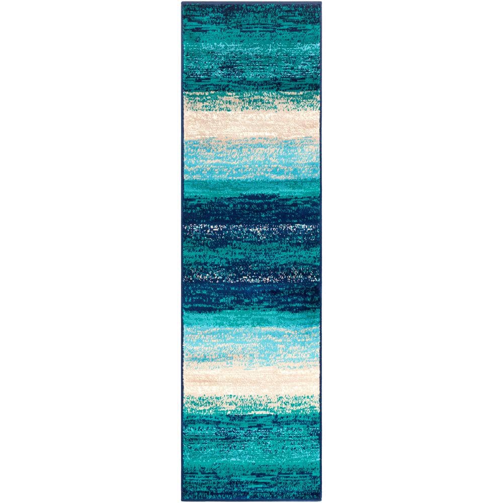 Livabliss Sora Teal 2 ft. 2 in. x 7 ft. 6 in. Striped Runner Rug ...