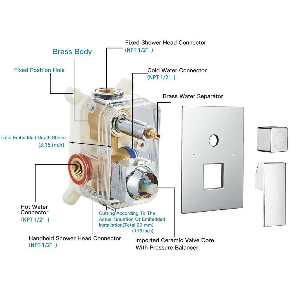 12-Inch Chrome Square Rain Shower System with Handheld and Valve
