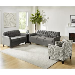 Eulalia 3-Piece 72.5 in. W in Rolled Arm Polyester Upholstered Transitional Nailhead Rectangle Sofa Set in Grey