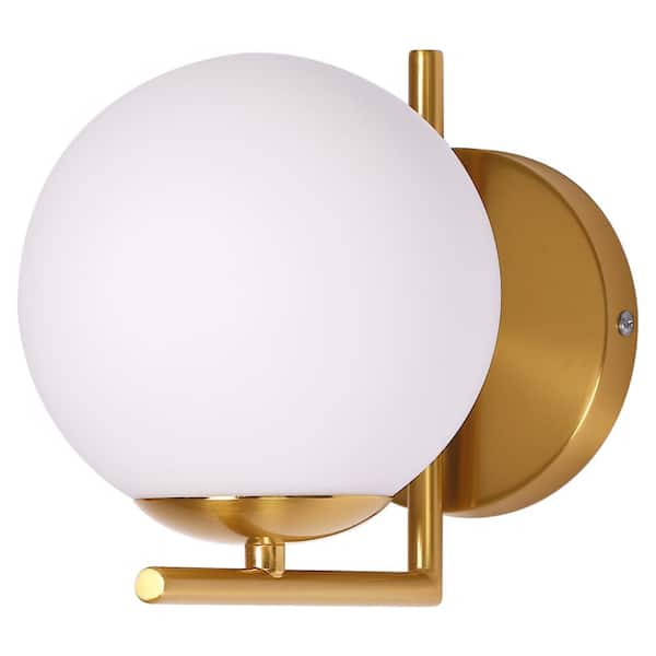 Briignite 1-Light Gold Globe Wall Sconce with Frosted Glass Shade