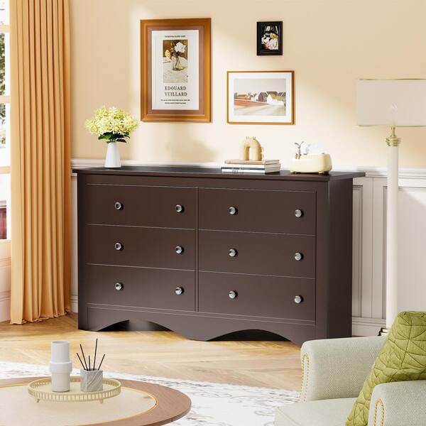 Creaser 52 in. Brown MDF Dresser for Bedroom, Wide Chest of Drawers with 6 Wood Dresser Drawers