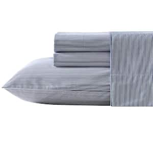 Penny Pinstripe 4-Piece White/Navy Percale Cotton Queen Sheet Set