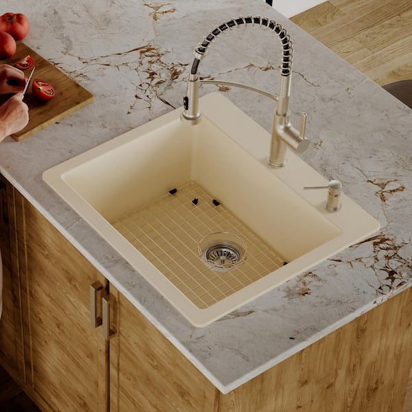 Bisque Quartz/Granite 25 in. Single Bowl Drop-In Kitchen Sink with Bottom Grid and Strainer