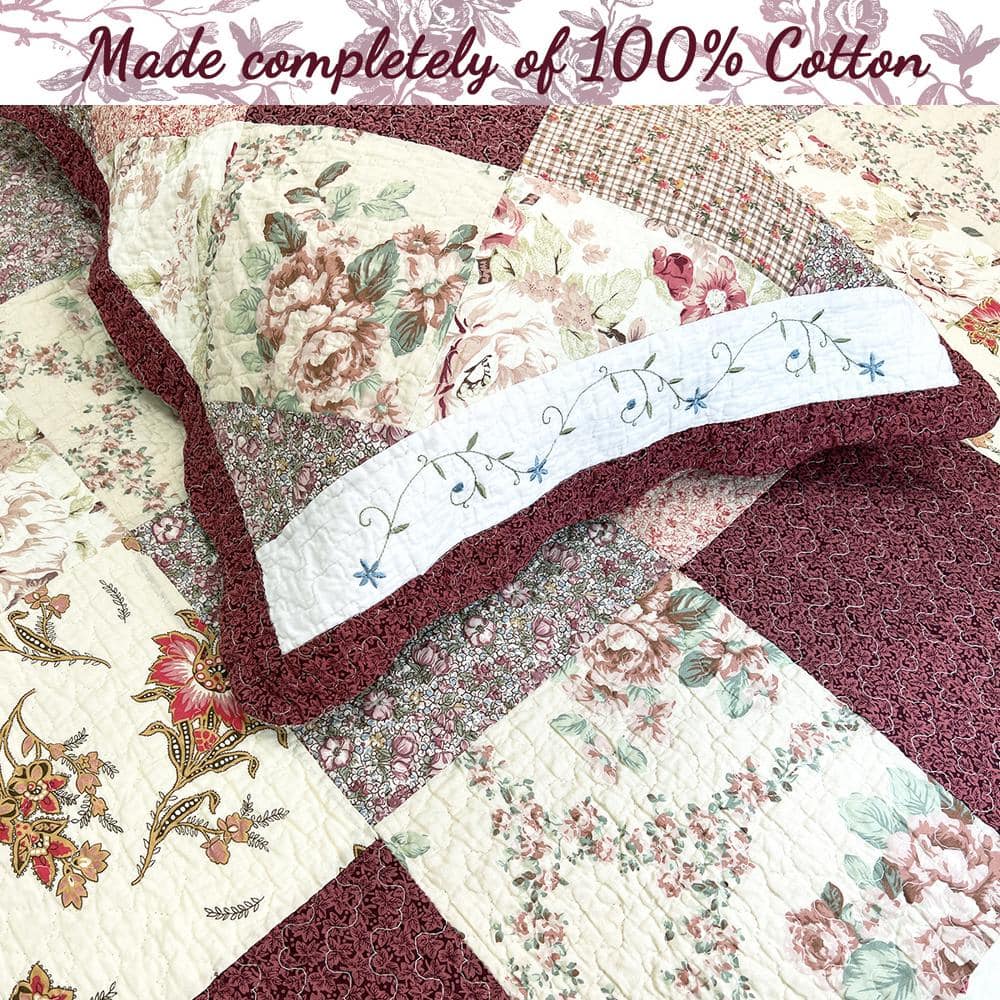 Burgundy Red Floral Cotton Queen Quilt Set with Scalloped Edges