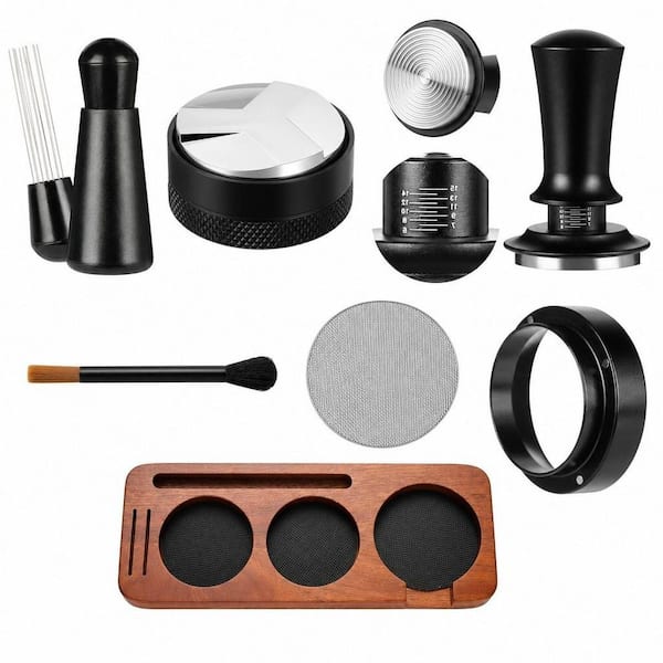Wood Finish 7-Piece Espresso Accessory Kit with Tamper, WDT, Distributor, Funnel, Brush & Screen