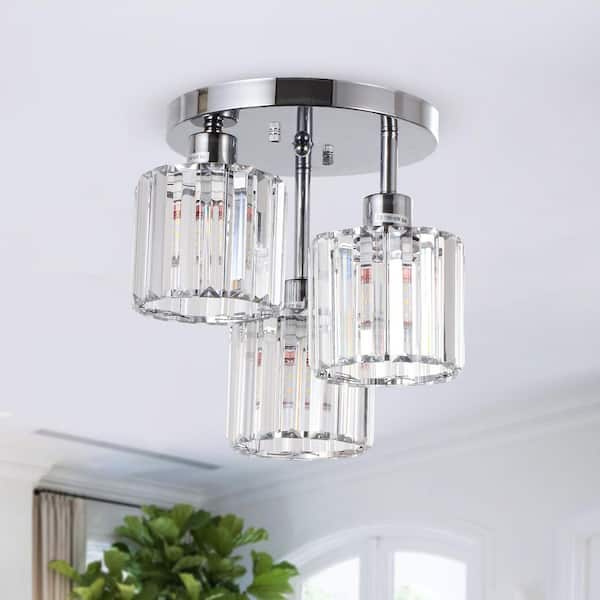 10.6 in. 3-Light Brushed Nickel Modern Entryway Semi-Flush Mount Ceiling Light with Clear Crystal Shades
