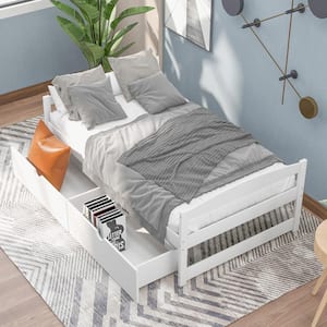 White Twin Size Platform Bed Storage Bed Frame, Wood Platform Bed with 2 Drawers, No Box Spring Needed