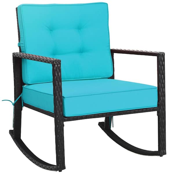 WELLFOR Wicker Outdoor Rocking Chair with Turquoise Cushions