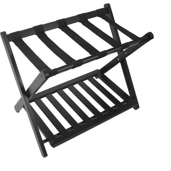 Fully Assembled Black Bamboo Luggage Rack with Shoe Shelf, Folding Suitcase Stand with 5 Heavy-Duty Straps