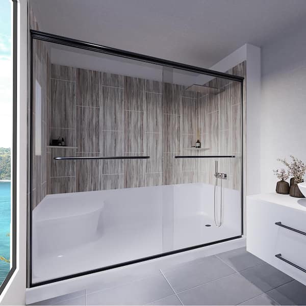NuVo Driftwood-Rainier 60 in. x 32 in. x 83 in. Base/Wall/Door Seated Base Alcove Shower Stall/Kit Matte Black Right