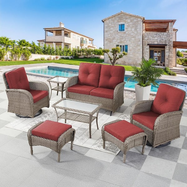 Gymojoy Carlos Gray 7-Piece Glider Set Wicker Patio Conversation Set Outdoor Swivel Chair Set with Red CushionGuard Cushions