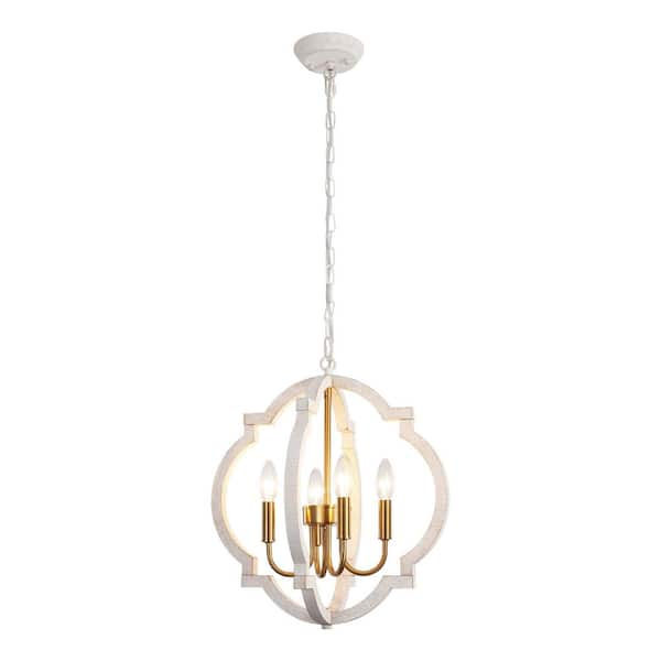 4-light Golden/Vintage White Lantern Chandelier With Wood Shade For Dinning Room Foyer and NO Bulb Includes