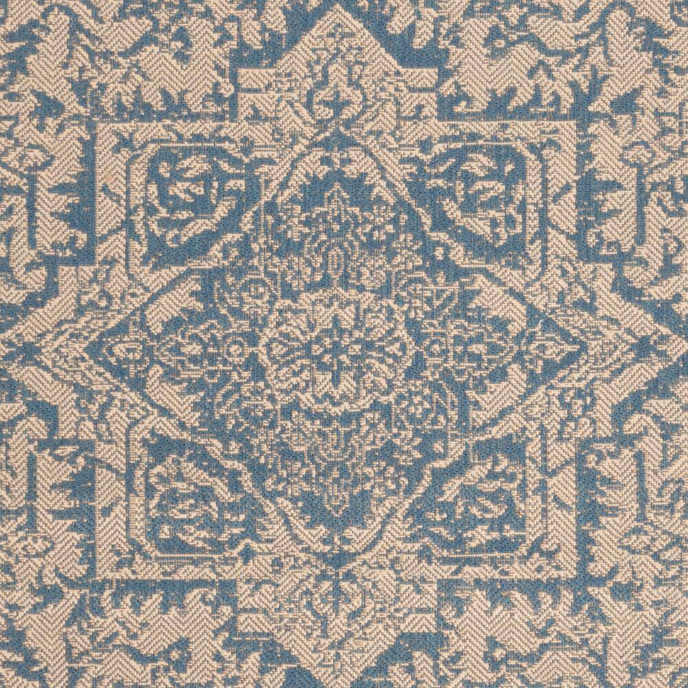 Cream and Blue Round Stain-Resistant Synthetic Rug