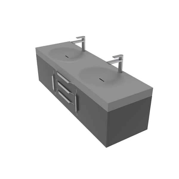 castellousa Thames 60 in. W x 18.9 in. D x 16.25 in. H Double Floating Bath Vanity in Black with Chrome with Solid Surface Gray Top