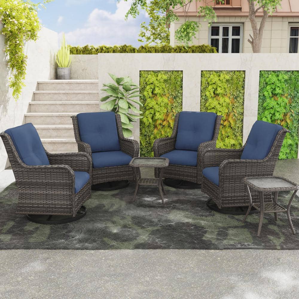 Blue Cushioned 4-Person Steel Wicker Patio Set with Swivel Rocking Chairs