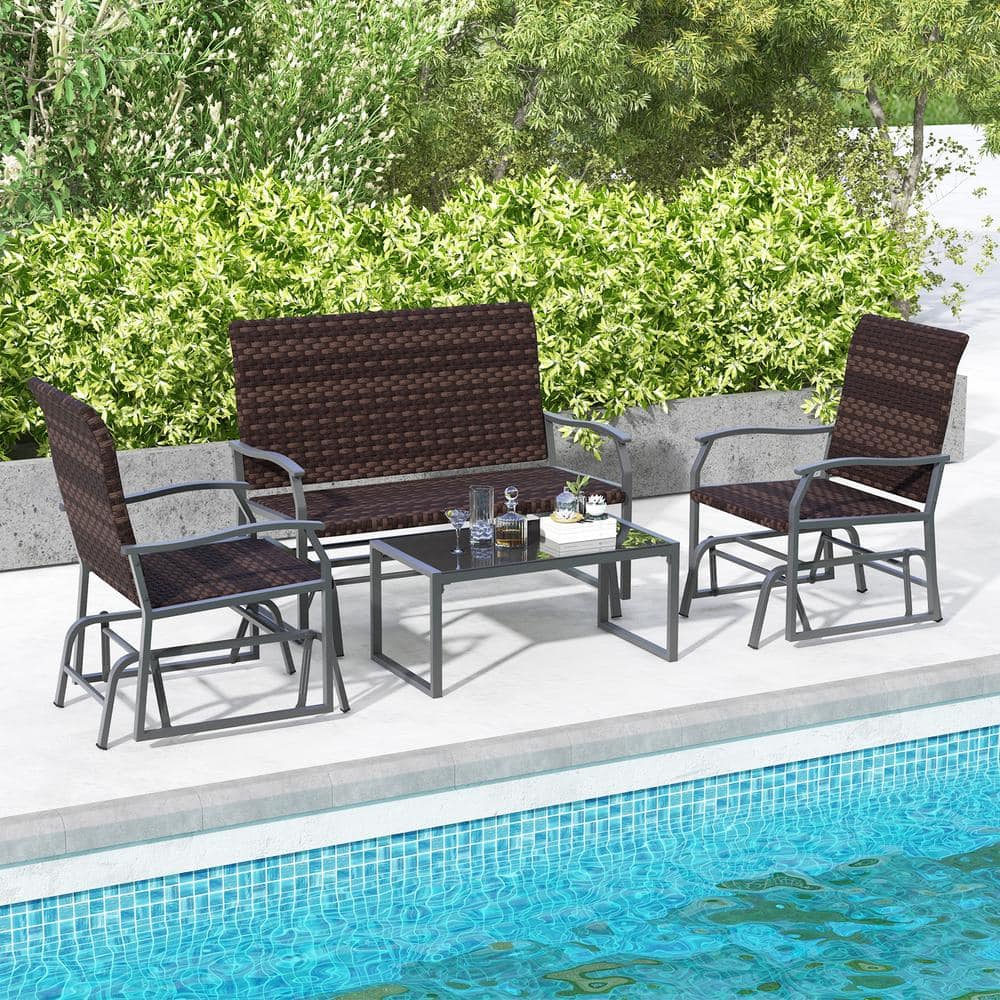 Mix Brown PE Rattan 4-Piece Patio Gliding Set with Tempered Glass Coffee Table