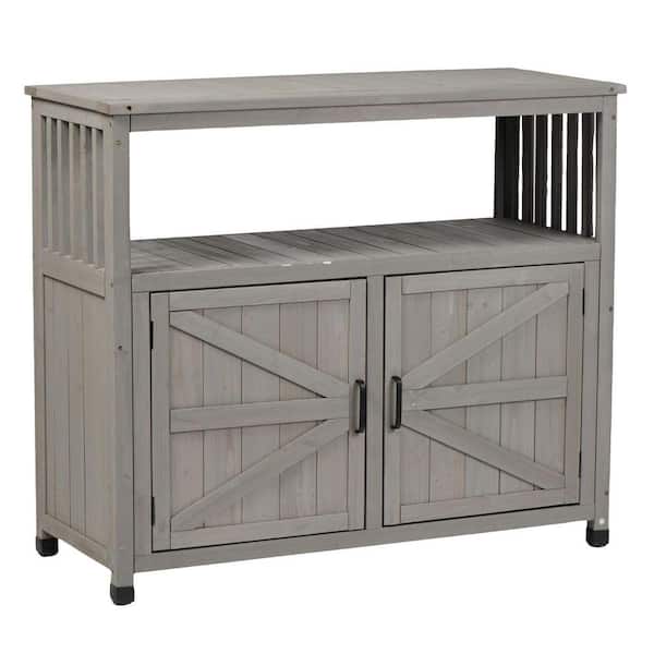 Grey Cedar Wood Outdoor Grill Cart, Patio Bar Table with 2 Doors and Open Storage Shelf for Backyard Garden BBQ