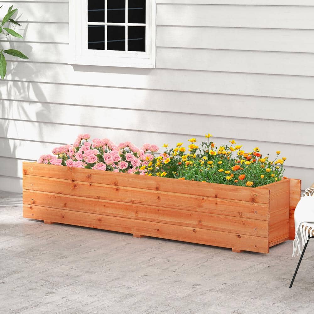 Natural Fir Wood Outdoor Raised Planter Box with Drainage Holes