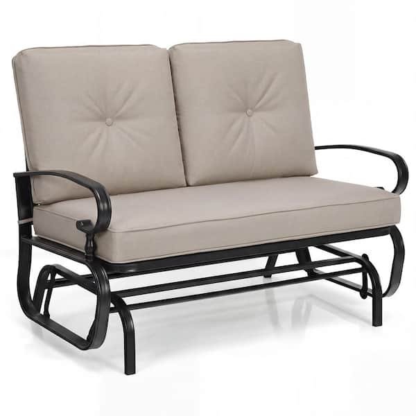 2-Person Metal Outdoor Patio Glider Rocking Bench Loveseat with Beige Cushion