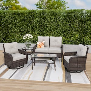 5-Piece Brown Wicker Patio Sofa Set Loveseat and Swivel Rocking Chairs with Beige Cushions, Side Table and Coffee Table