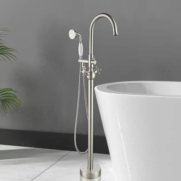 2-Handle Floor Mount Freestanding Tub Faucet with Hand Shower in Brushed Nickel