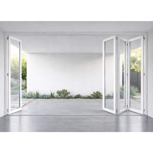 144 in. x 96 in. White Aluminum 1-Left Opening/3-Right Folding Outswing 4-Panel Bi Fold Patio Door 1L3R (Interior View)