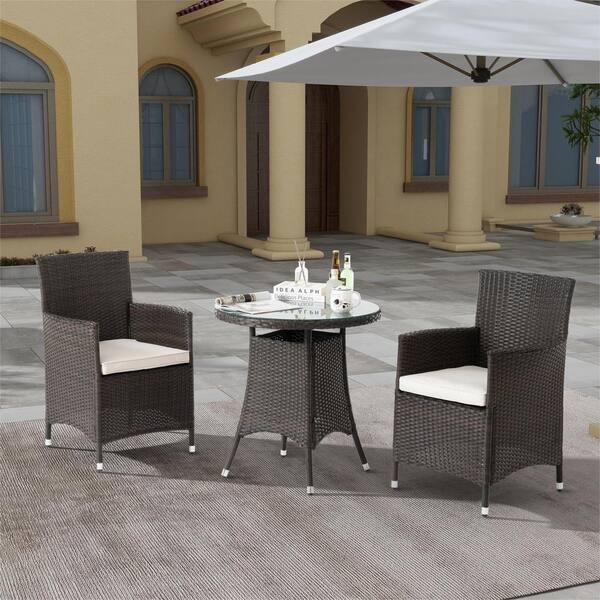 Unbranded All-Weather 3-Piece Wicker Outdoor Dining Set with Cushions, Round Tempered Glass Tabletop for Backyard Porch Brown