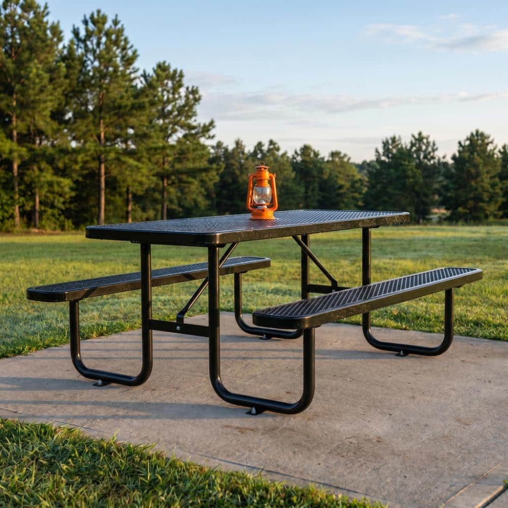 Black 96-inch Rectangular Steel Picnic Table & Chair Set with Umbrella Hole Seats 6-10 People Perfect for Parks, School price history on PriceWatchPro