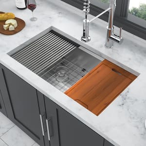 33 in. Undermount Double Bowl (60/40) 16 Gauge Brushed Nickel Stainless Steel Kitchen Sink with Workstation