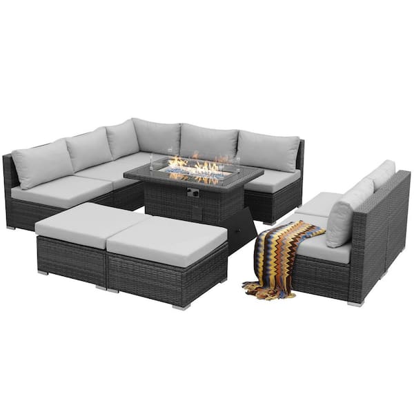 Modern 10-Piece Charcoal Wicker Patio Fire Pit Deep Sectional Seating Sofa Set with Light Grey Cushions and Ottomans