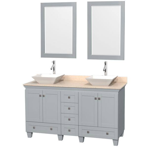 Wyndham Collection Acclaim 60 in. W x 22 in. D Vanity in Oyster Gray with Marble Vanity Top in Ivory with White Basins and 24 in. Mirrors