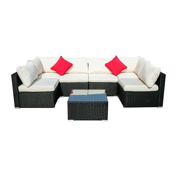 Ovastlkuy Black 7 Piece Rattan Patio Outdoor Furniture Set With Coffee Table And White Cushions Maob Rs001wt The Home Depot Ovastlkuy Black 7 Piece Rattan Patio, Black And White Patio Furniture Set
