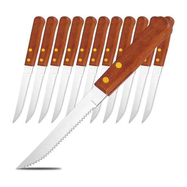 8.46 in. Stainless Steel Partial Tang Serrated Edge Steak Knife with Wood Handle (Set of 12)