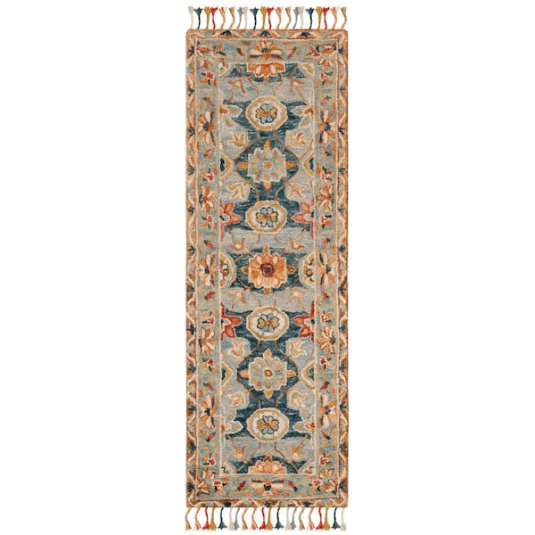 Aspen 2 ft. x 21 ft. Gray/Navy Traditional Floral Runner Rug