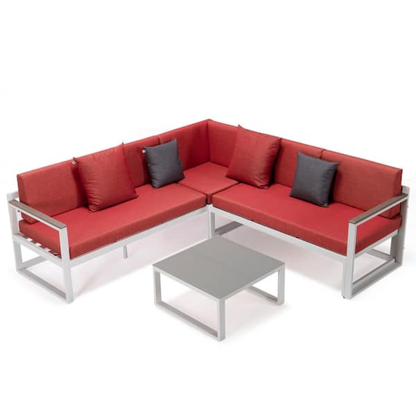 Leisuremod Chelsea White 3-Piece Metal Outdoor Sectional with Red Cushions
