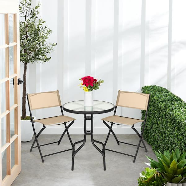 Best Choice Products Beige 3-Piece Outdoor Patio Bistro Set w/Textured Glass Table Top, Folding Chairs