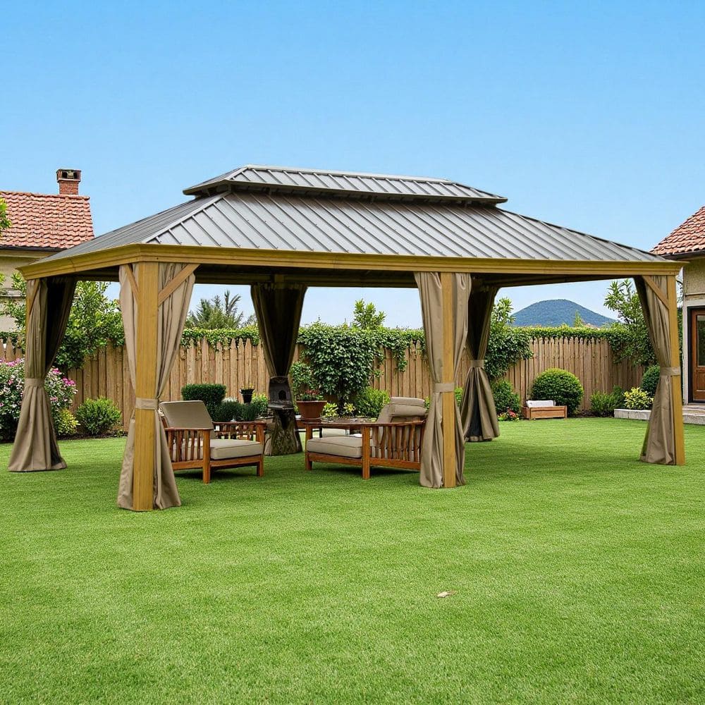 12 ft. x 18 ft. Yellow Brown Wood Grain Aluminum Double Galvanized Steel Roof Gazebo with Mosquito Netting and Curtains price history on PriceWatchPro