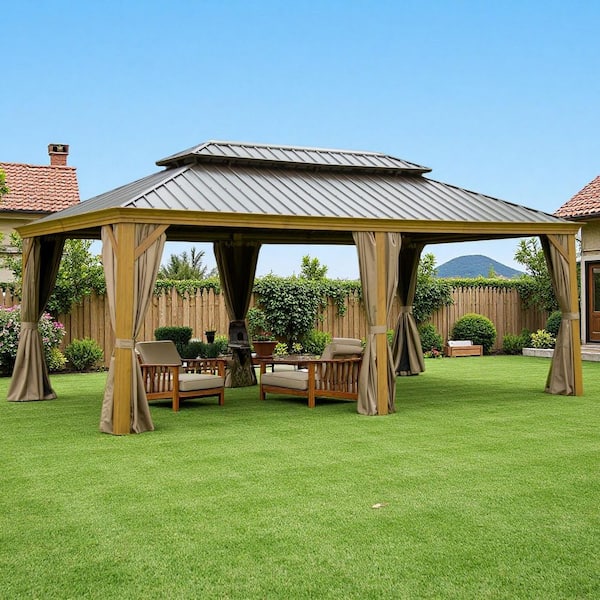 ToolCat 12 ft. x 18 ft. Yellow Brown Wood Grain Aluminum Double Galvanized Steel Roof Gazebo with Mosquito Netting and Curtains