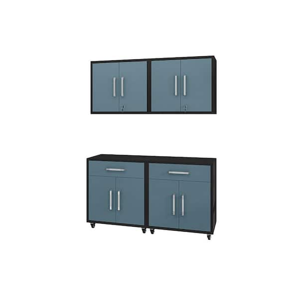 Manhattan Comfort Eiffel 56.7 in. W x 60.00 in. H x 17.72 in. D Garage Storage System in Matte Black and Aqua Blue (4-Piece)