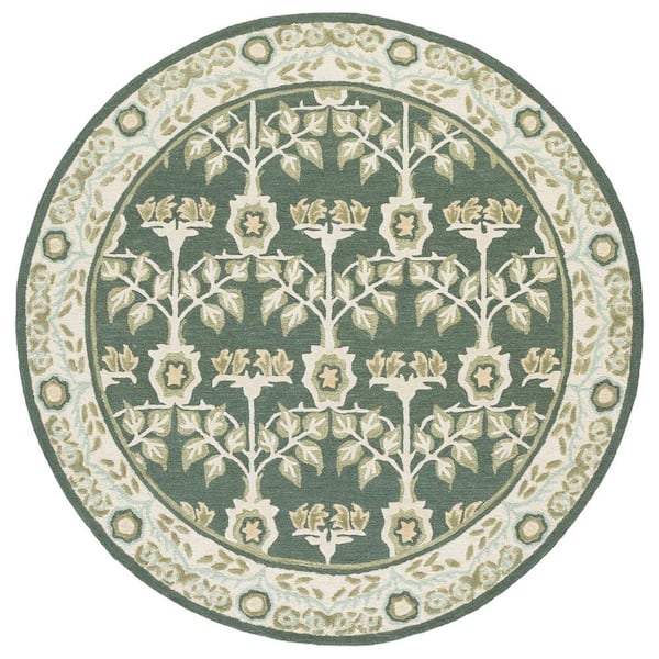 Earthly Treasures 6 ft. x 6 ft. Round Green/Ivory Folk Botanical Area Rug