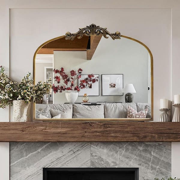 35.8 in. W x 29.1 in. H Ornate Baroque Antique Brass Vintage Stainless Metal Frame Arched Wall Mirror