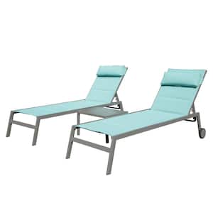 3-Piece Patio Chaise Lounge Adjustable Aluminum Outdoor Lounge Chairs with Side Table and Wheels in Lake Blue