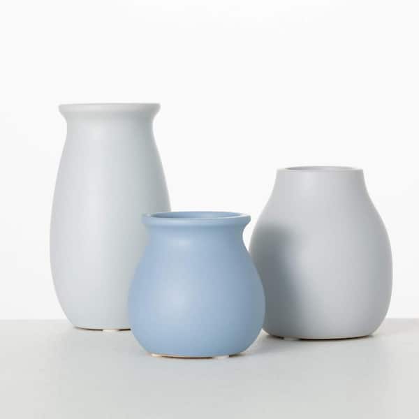 SULLIVANS 5.5 in. - 4.5 in. to 3.25 in. Modern Matte Pastel Blue Vase Set of 3, Ceramic