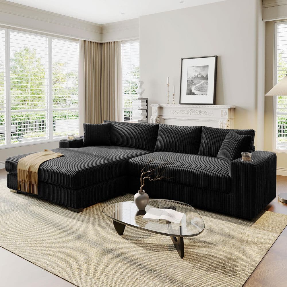 111.5 in. Square Arm L-Shape Corduroy Fabric Sectional Sofa in Black with USB Charging Ports, Cup Holders price history on PriceWatchPro