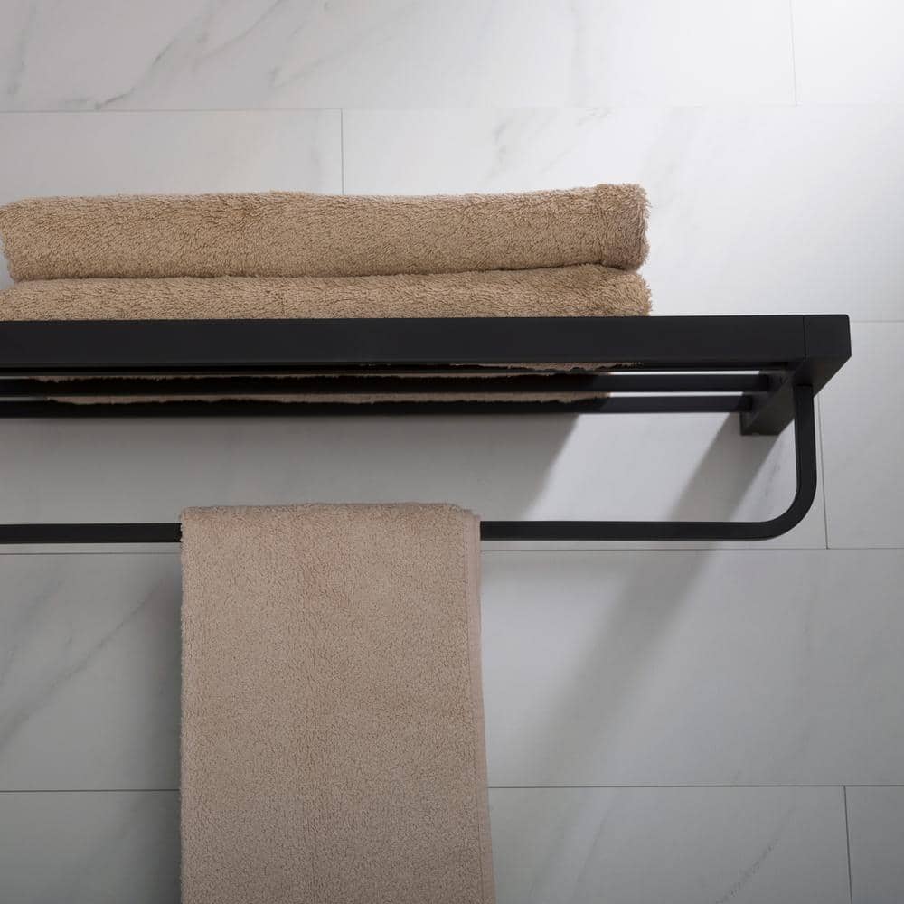 Matte Black Wall-Mounted Bathroom Shelf with Towel Bar