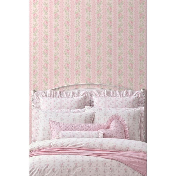 Blooming Heirloom Strawberry Pink Macaron Rose Stripe Wallpaper Sample